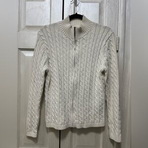 LL Bean Women's XL/P Cotton Cream Cable Knit Sweater Full Zip Cardigan